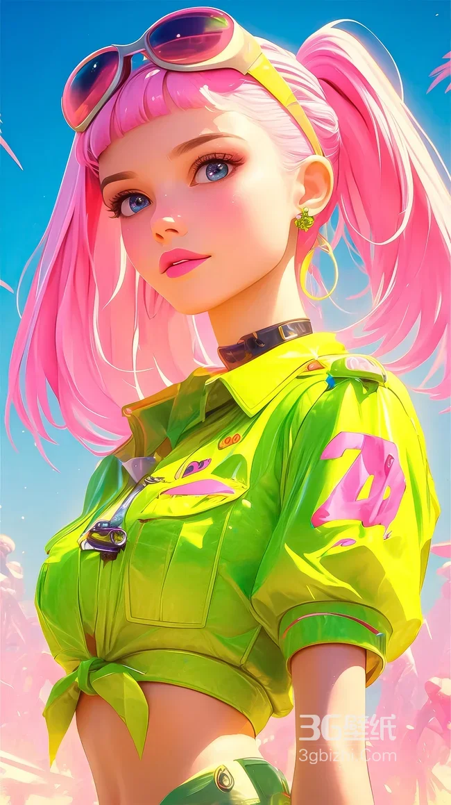 粉色双马尾少女·荧光绿潮服 二次元潮流插画 高人气壁纸1