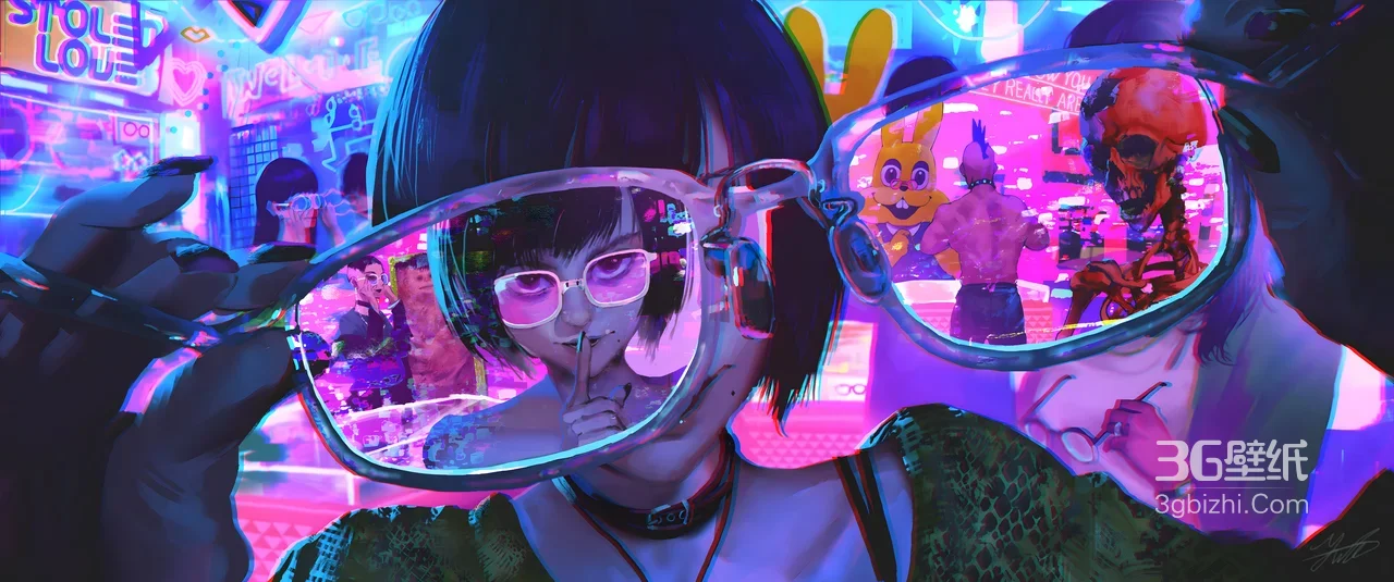 赛博朋克风短发少女·霓虹潮玩场景 原创插画宽屏电脑壁纸1