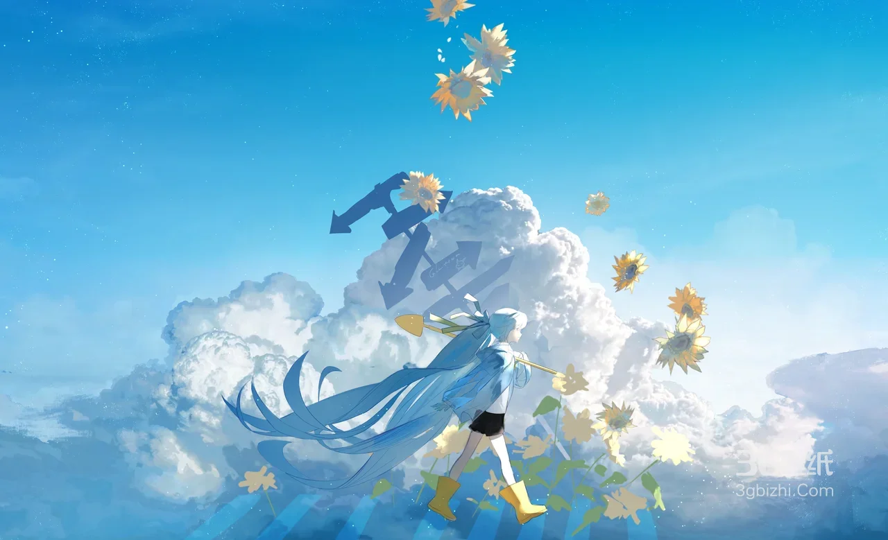 蓝发少女·持铲漫步云海向日葵 唯美二次元插画 超宽屏电脑壁纸1