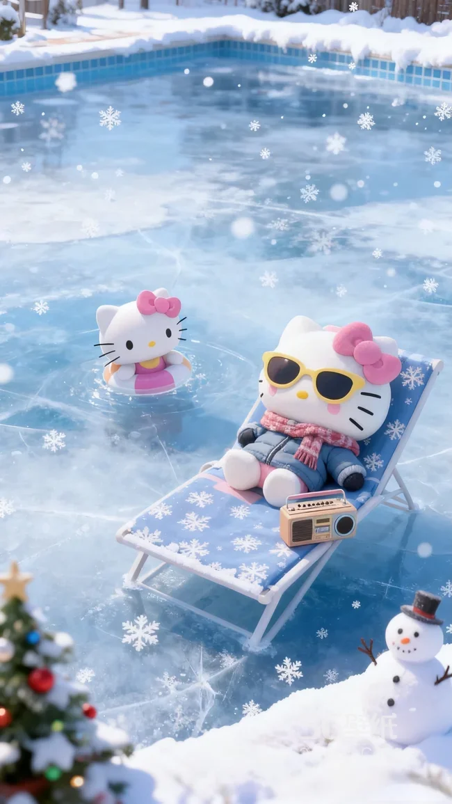 Hello Kitty冰雪泳池度假 三丽鸥可爱节日风手机壁纸1