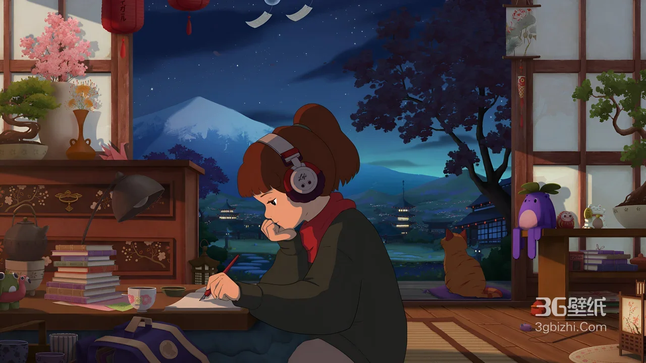 戴耳机女孩·深夜学习 日系治愈国漫风 日式书房富士山电脑壁纸1