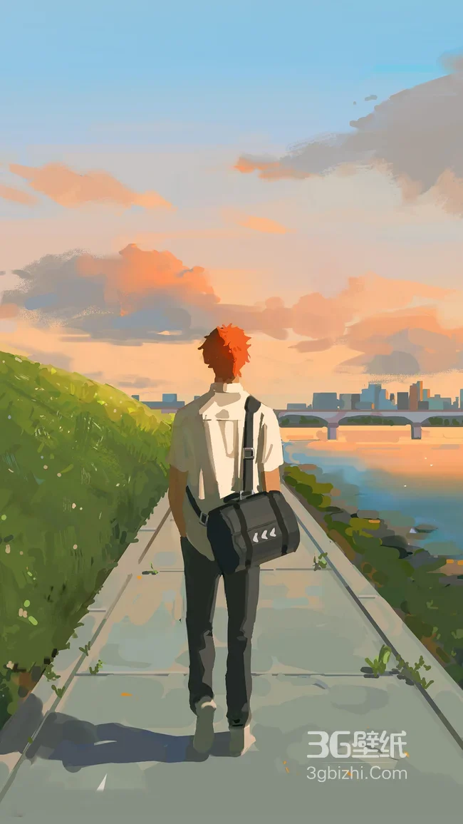 红发少年河畔步道漫步 日系治愈风城市黄昏壁纸1