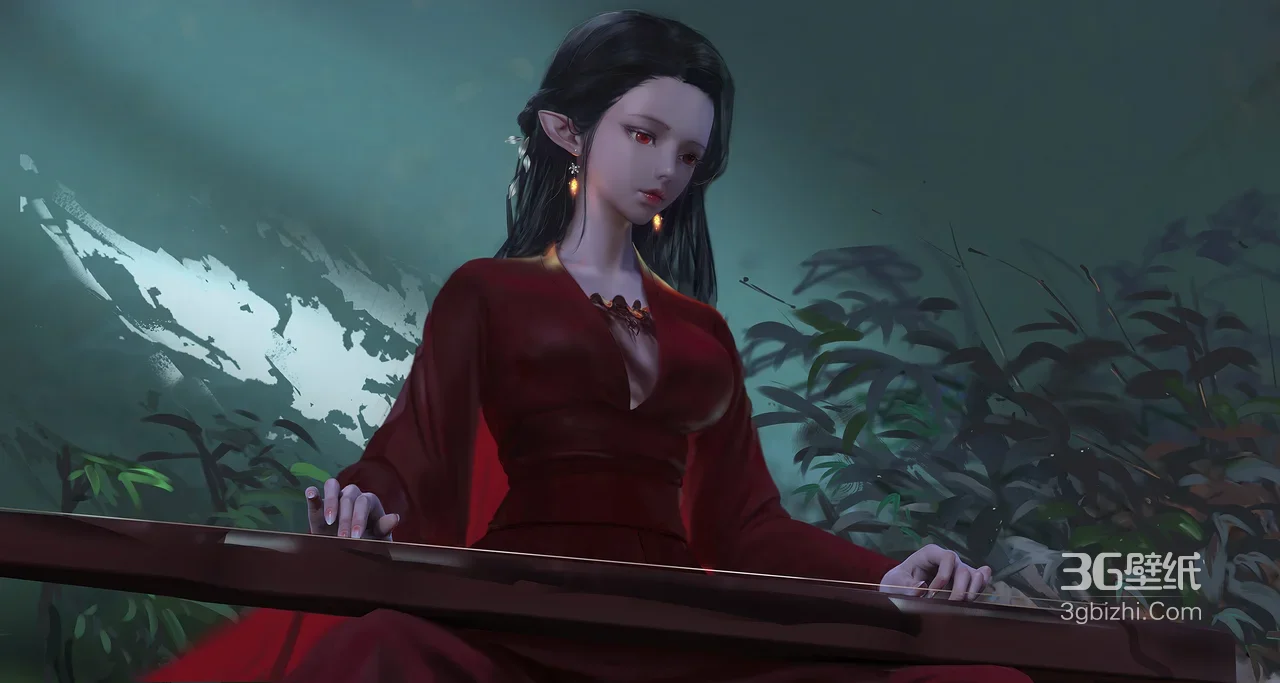 红衣精灵耳女子抚琴 暗黑国风唯美电脑壁纸1