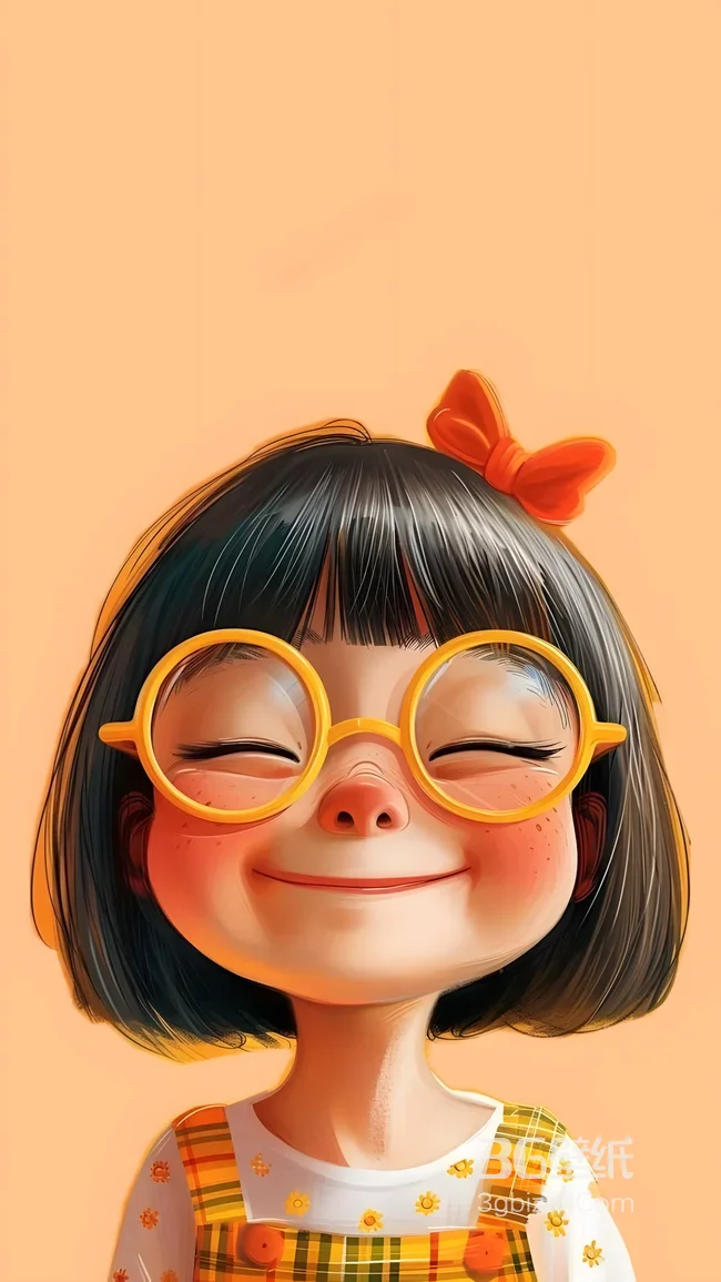 治愈系卡通女孩·黄圆眼镜红蝴蝶结 温馨国漫风手机壁纸1
