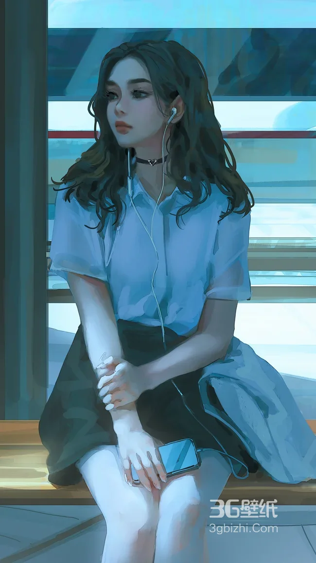 戴耳机卷发女孩·写实唯美 城市独处感手机壁纸1