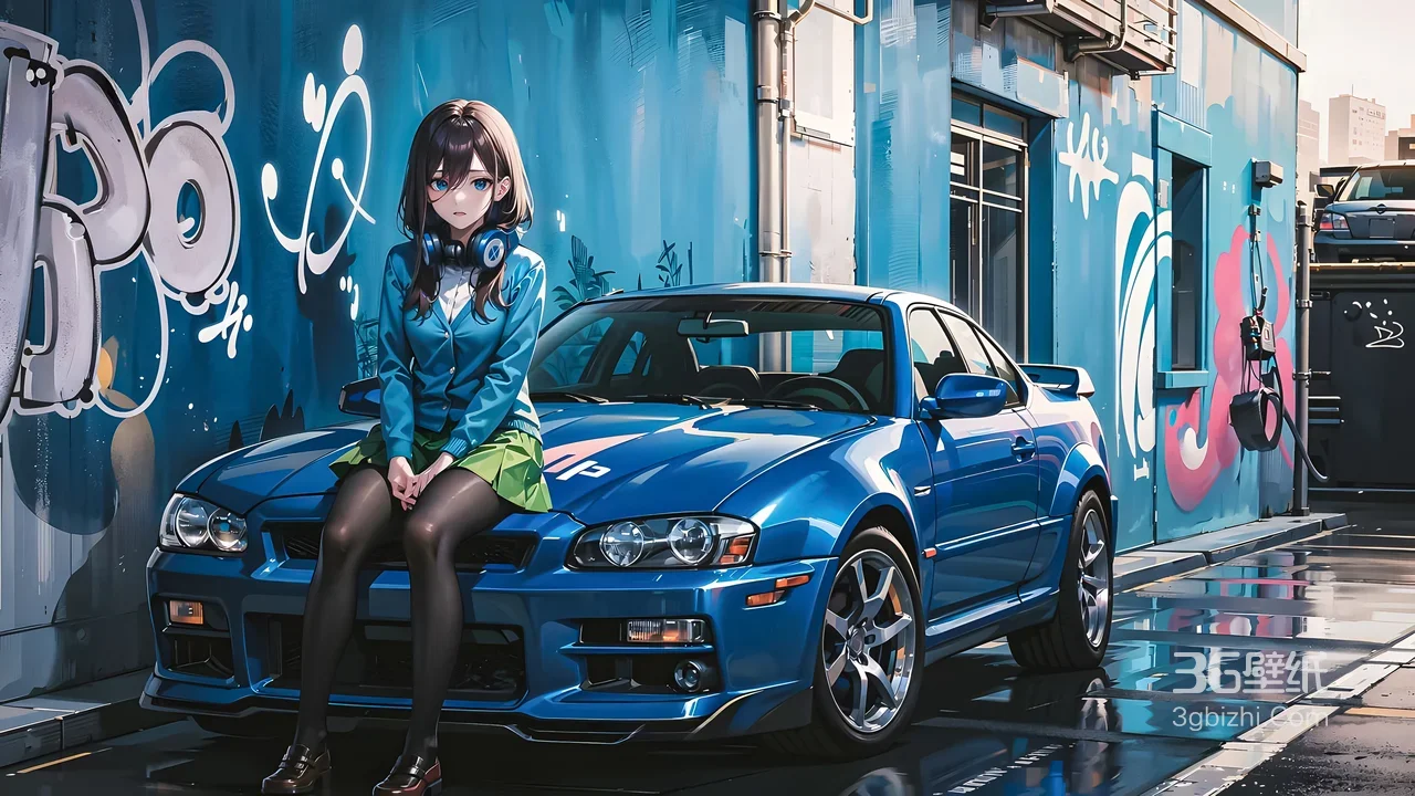 二次元耳机少女坐蓝色跑车 街头涂鸦风电脑壁纸1