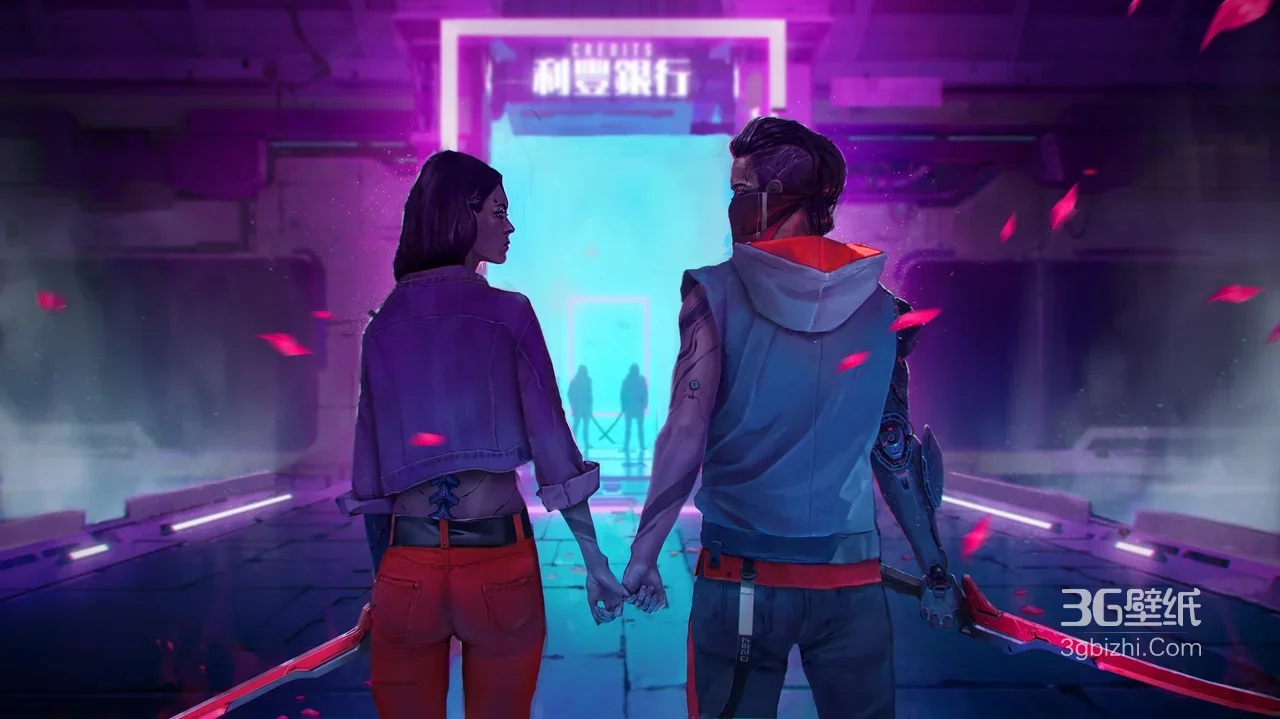 赛博朋克改造男女·持剑牵手利豐銀行 游戏壁纸1