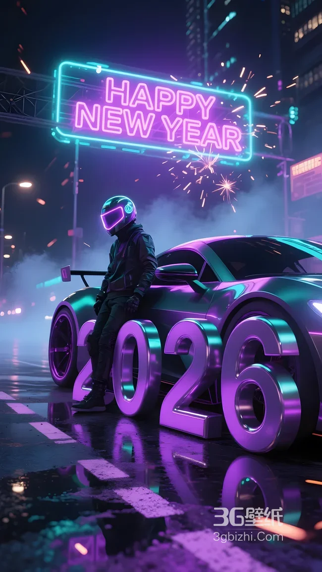 赛博朋克2026新年跑车头盔人物·霓虹未来壁纸1