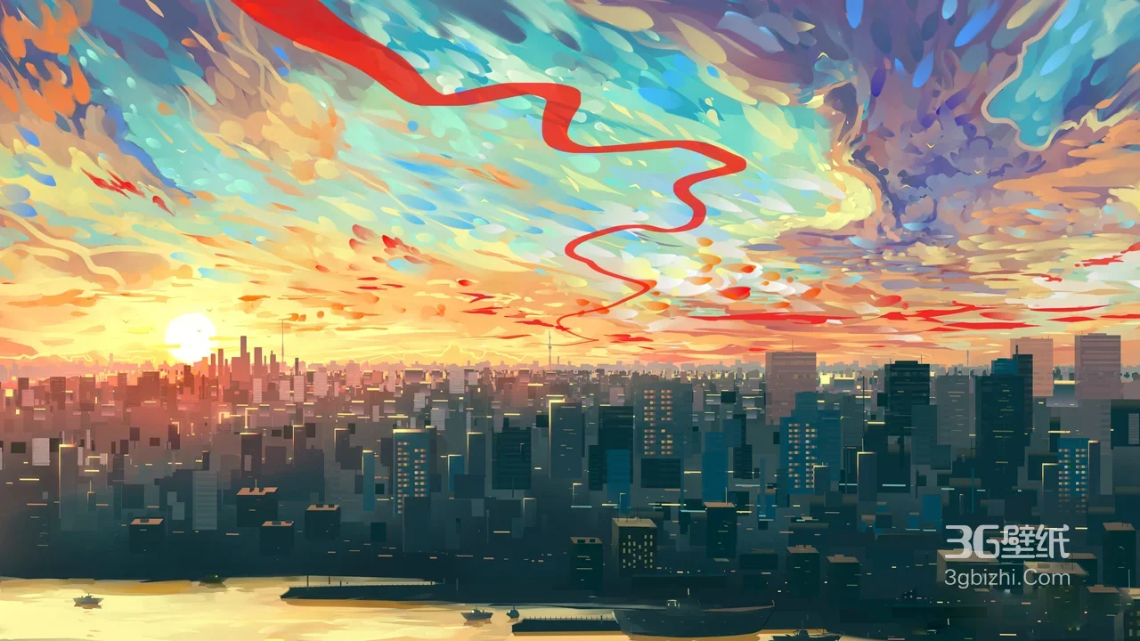 都市黄昏红绸云海·唯美插画风高分辨率电脑壁纸 宽屏治愈1