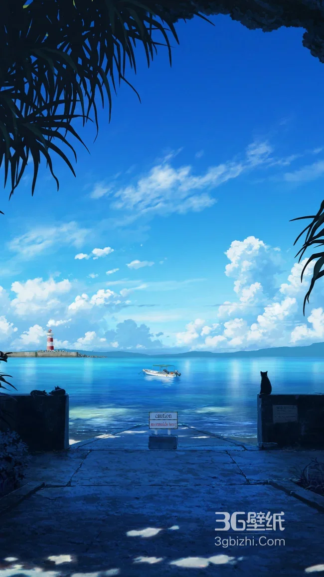 海边码头猫咪灯塔·日系唯美动漫治愈系手机壁纸1