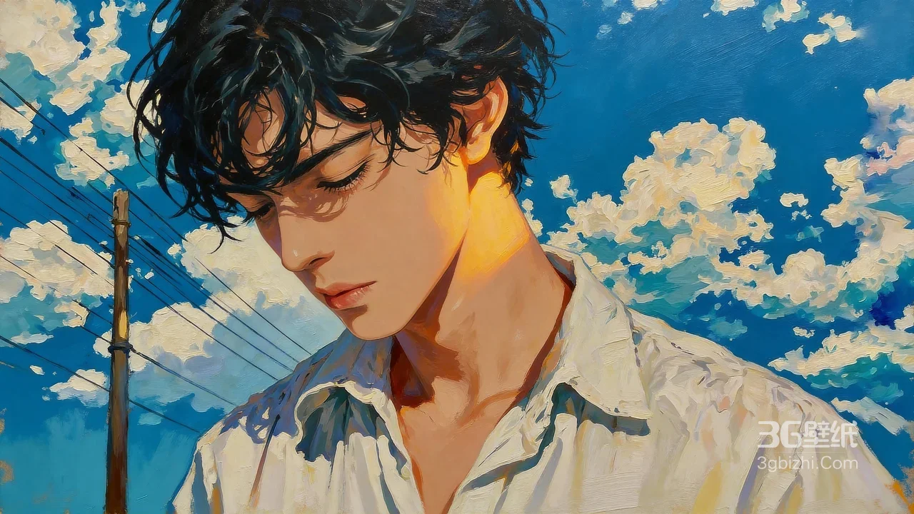卷发帅哥·油画风光影 夏日晴空电线杆唯美电脑壁纸1