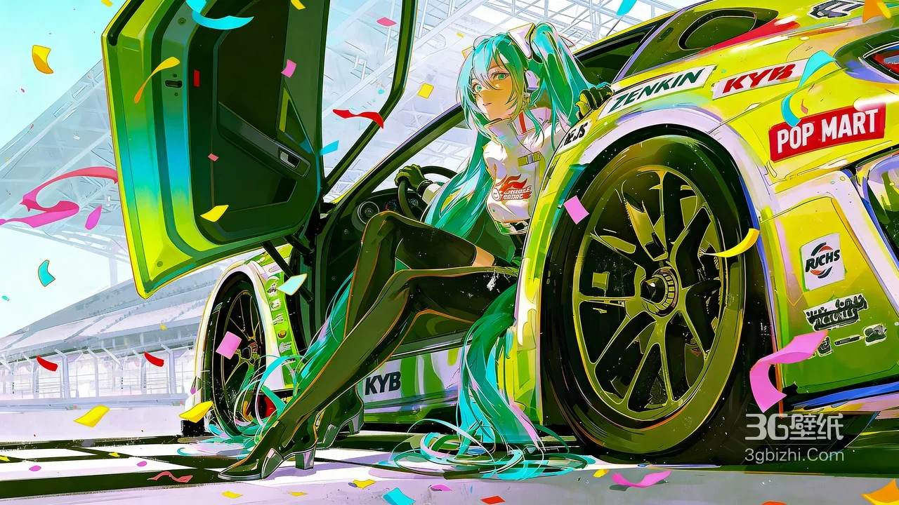 初音未来·赛车娘 日系插画风 赛车场彩带庆祝宽屏壁纸1