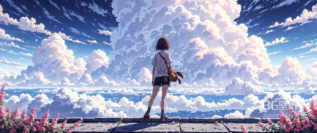 短发少女·云海眺望 唯美二次元插画 超宽屏电脑壁纸1