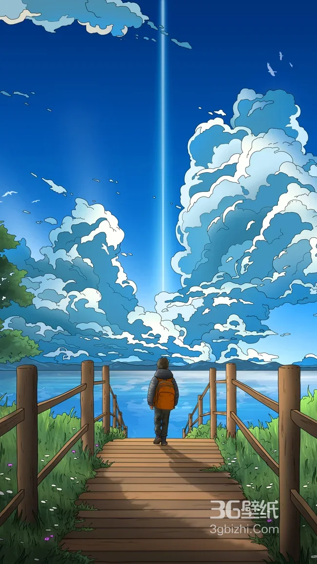 湖岸栈道背包少年·国漫风云海光束·治愈系风景手机壁纸1