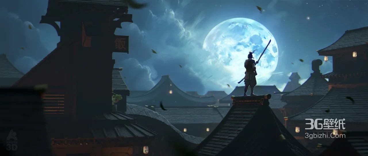 古风武士·持长刀立屋顶 月夜古城和风唯美游戏风宽屏电脑壁纸1