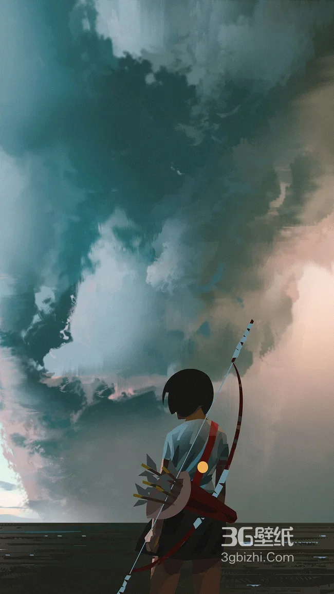 持弓短发少女·插画风 苍茫云海手机壁纸1