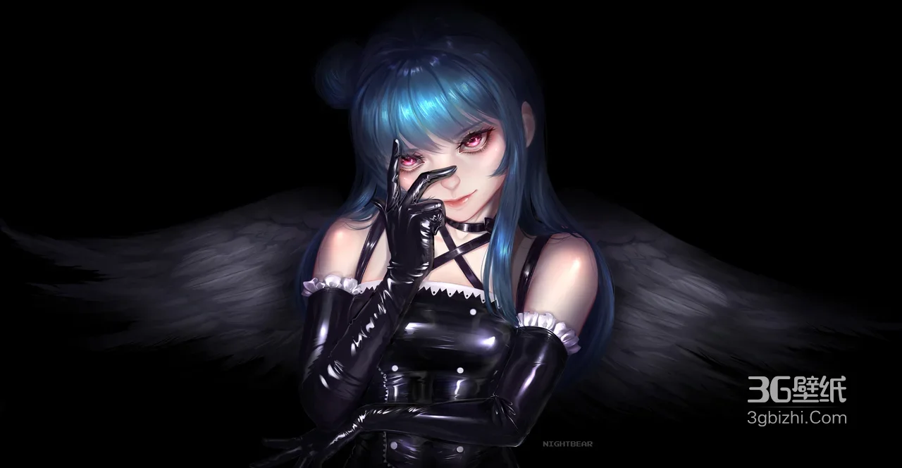 暗黑系蓝发少女·黑翼紧身衣 二次元宽屏电脑壁纸 ###1