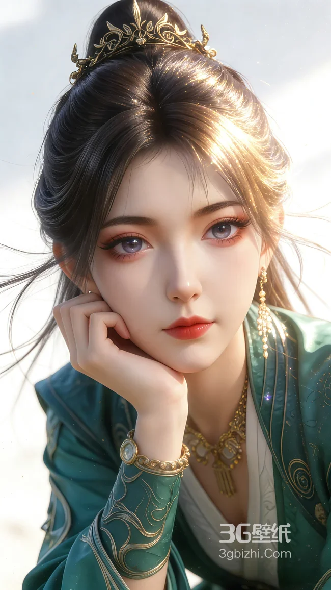 古风美女慕沛灵·鎏金发冠绿衣 唯美国风手机壁纸1