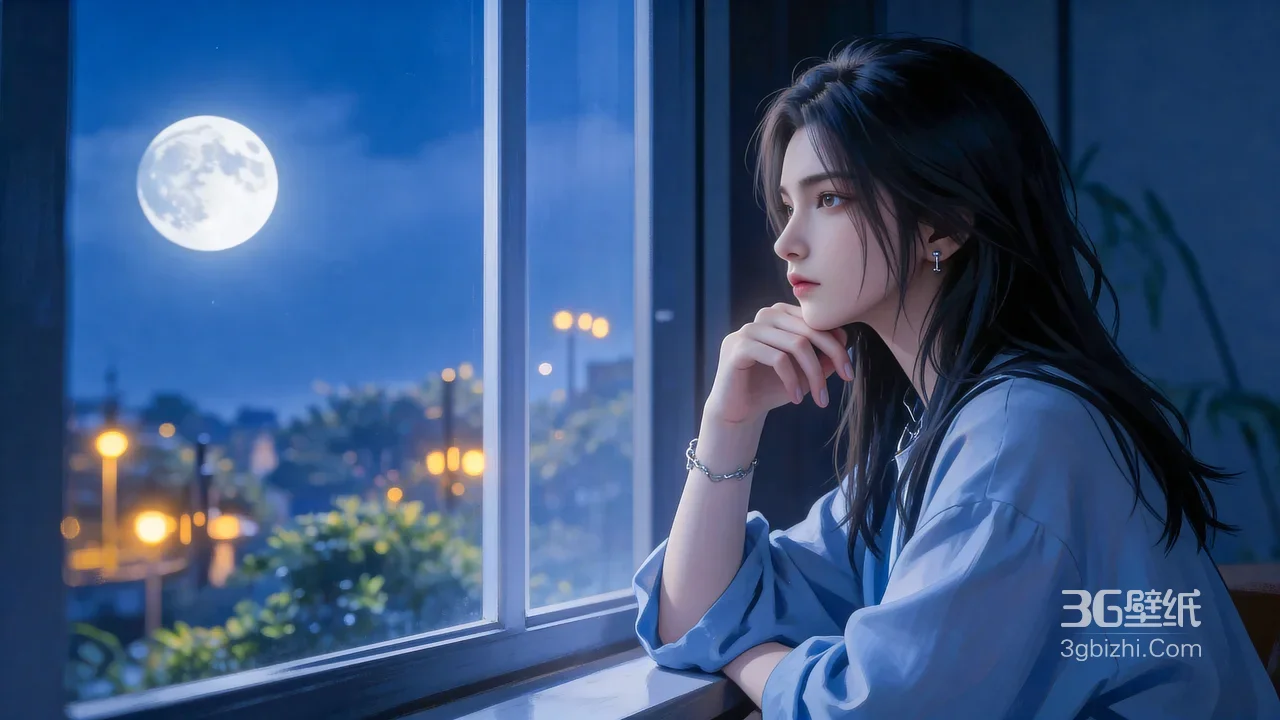 窗边托腮女生·唯美写实CG插画 月夜都市电脑壁纸1