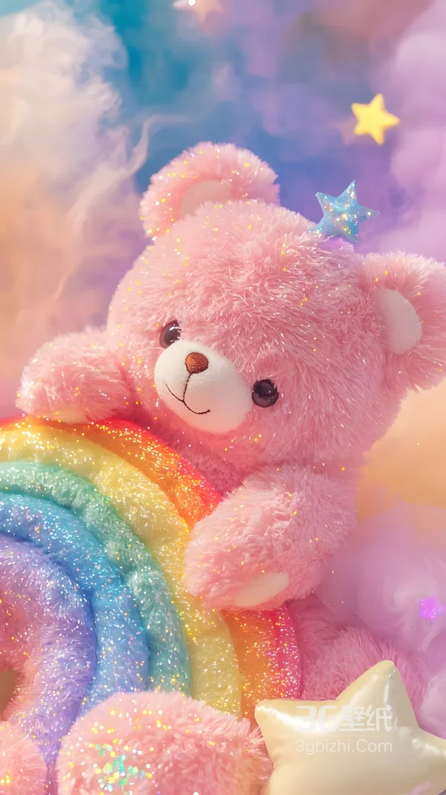 粉色毛绒小熊抱彩虹星星 梦幻治愈风手机壁纸1