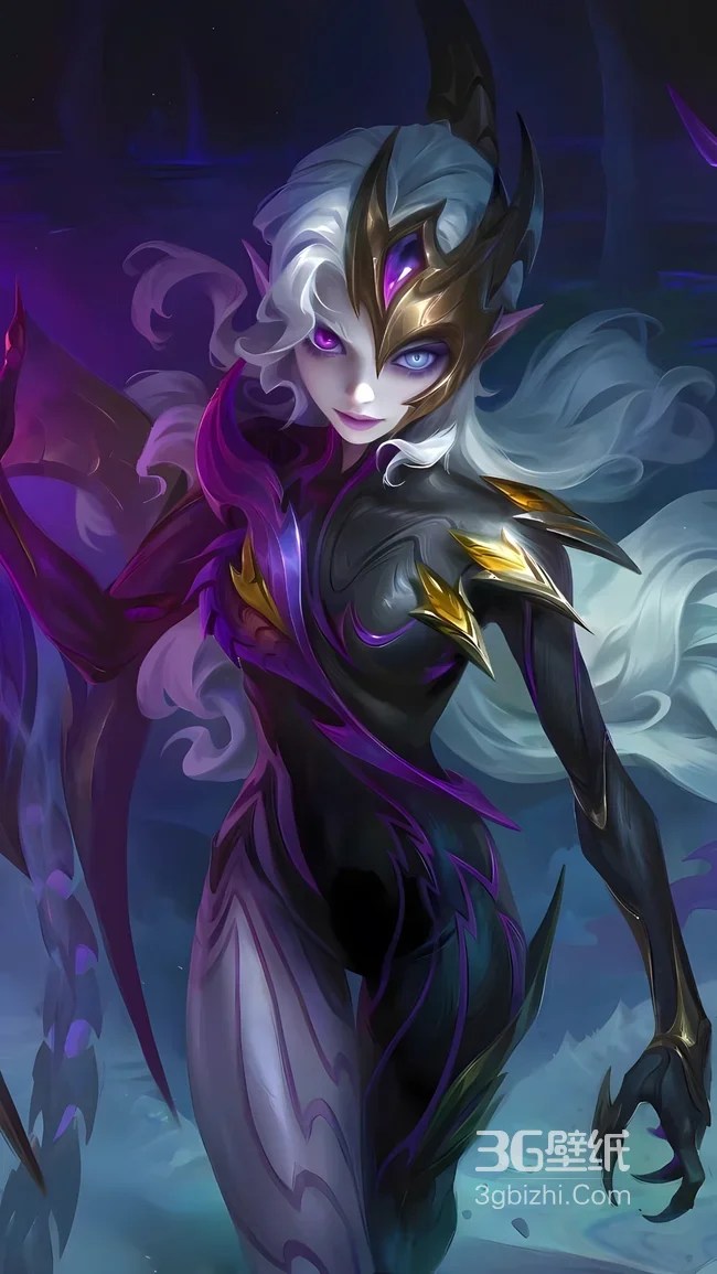 英雄联盟暗黑奇幻风异色瞳女英雄 黑金紫装甲高人气壁纸1