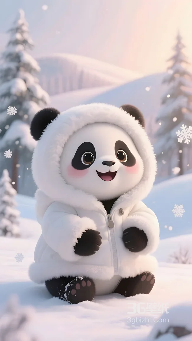 可爱卡通熊猫（毛绒连帽）·冬日雪景治愈系手机壁纸1