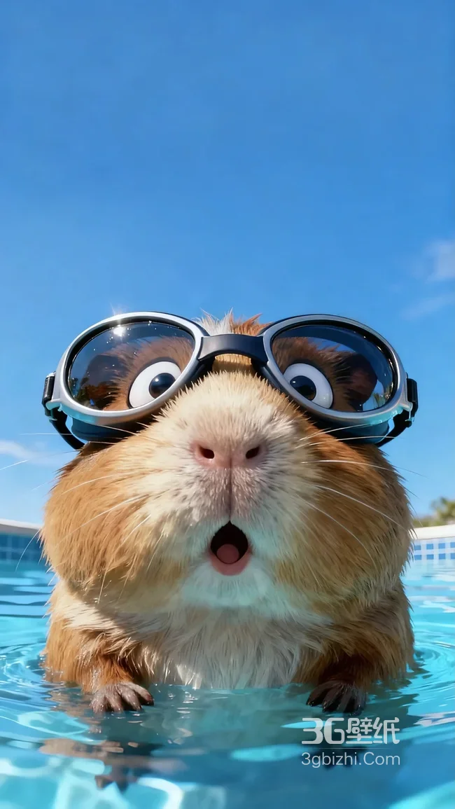 拟人豚鼠·戴泳镜泳池搞怪 清新萌宠手机壁纸1