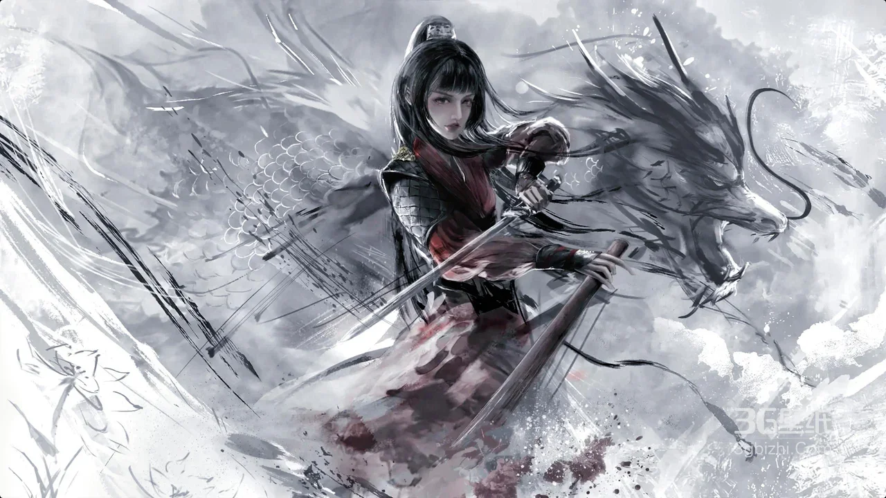 古风女剑客·龙影相伴 国风水墨壁纸1
