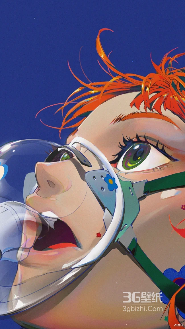 红发绿眼少女·机械眼镜吹泡泡 二次元插画风热门壁纸1