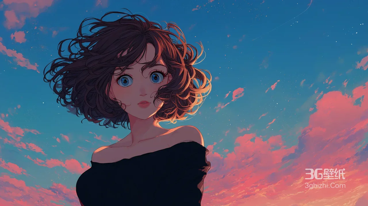 卷发蓝眼少女·二次元唯美风 原创治愈系桌面背景1