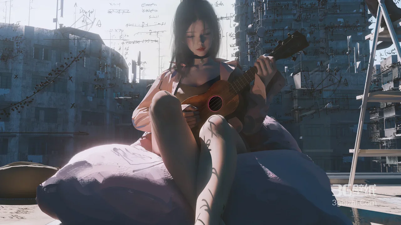 赛博朋克写实风 女孩弹尤克里里 未来都市静谧电脑壁纸1