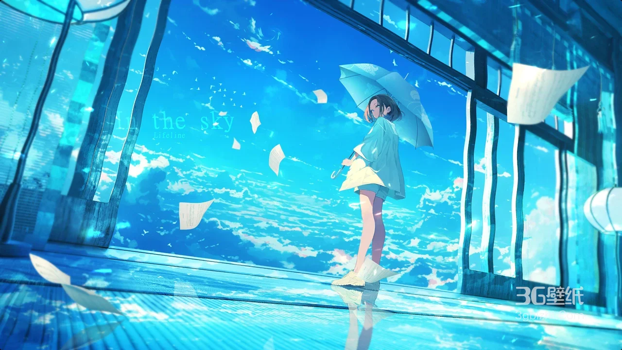 撑伞少女·天空云海 二次元唯美原创插画 治愈系宽屏壁纸1