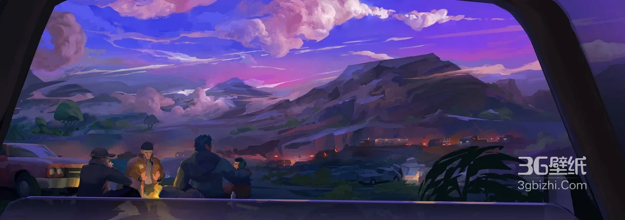 露营小队·唯美插画风山间晚霞 治愈系电脑壁纸推荐1