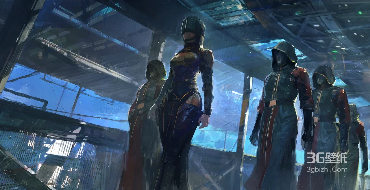 灵笼2概念图赛博女战士·兜帽侍从 赛博朋克风未来场景 宽屏车机壁纸1