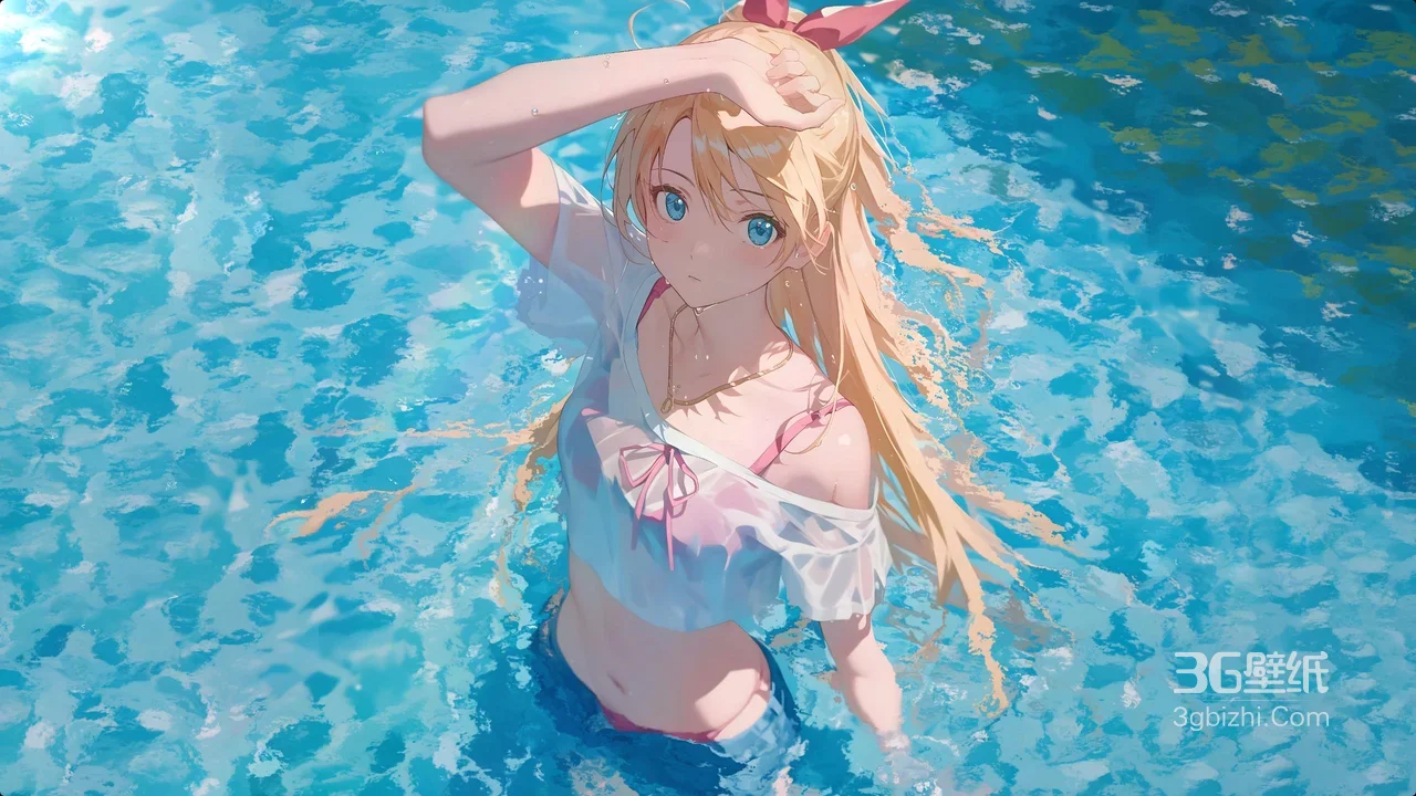 金发蓝眸泳池少女·唯美二次元动漫风夏日壁纸1