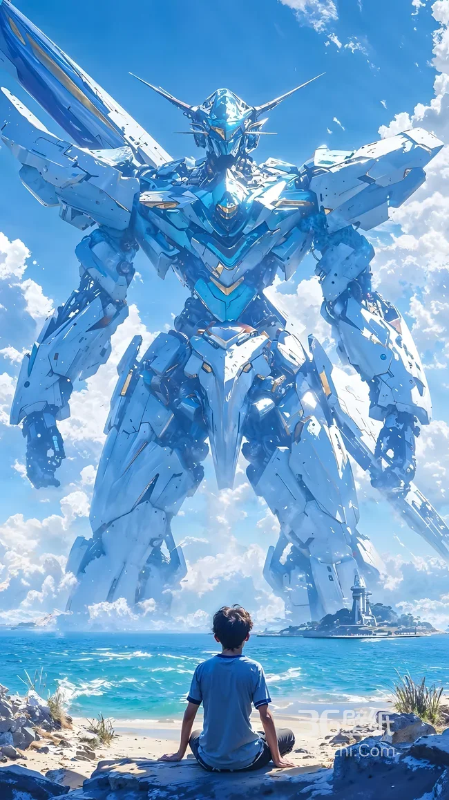 男孩仰望巨型科幻机甲·海边清新动漫风手机壁纸1