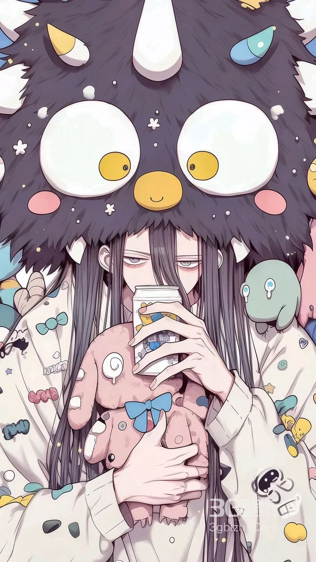 高冷长发动漫人物·毛绒头套抱玩偶喝饮品 二次元可爱风壁纸1