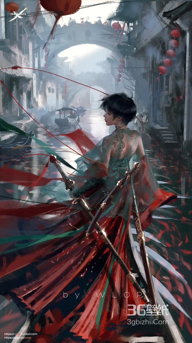 短发持剑女子·国风武侠《影之刃》江南水乡插画 古风壁纸1