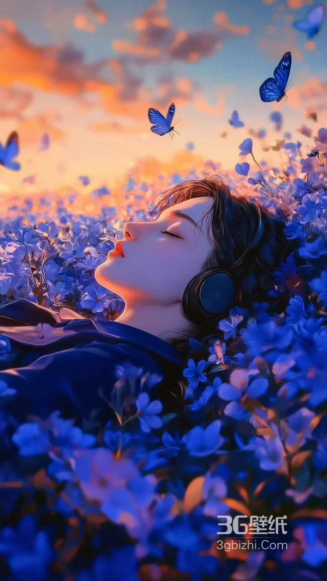 戴耳机女孩·蓝花田蝴蝶 唯美插画风 治愈系手机壁纸1