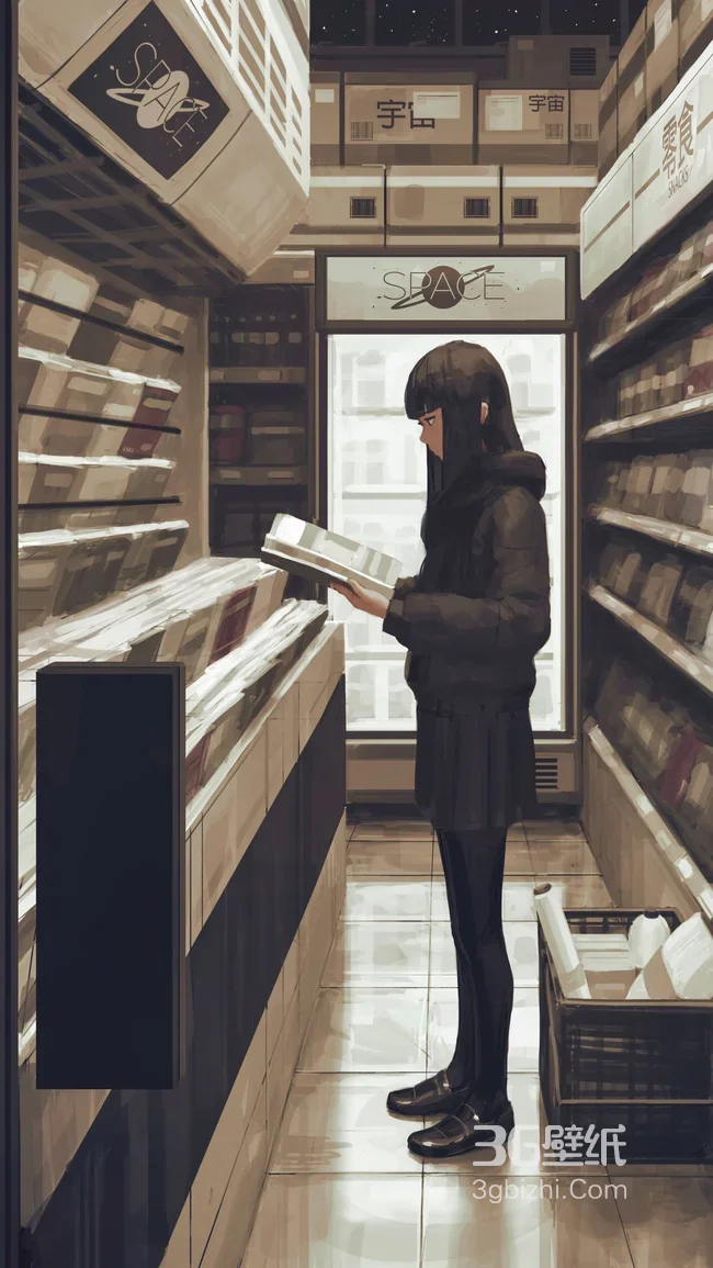 黑装少女·便利店阅读 二次元写实风 太空主题手机壁纸1