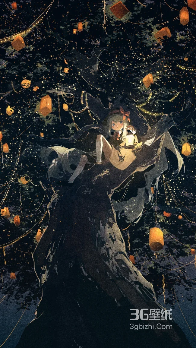 暗黑唯美风少女坐古树 夜林灯笼场景壁纸精选1