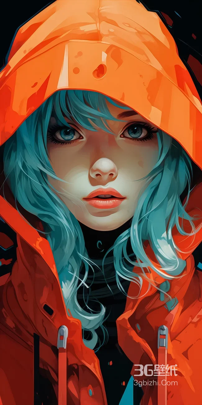 蓝发少女·橙红连帽衫 二次元插画风高人气手机壁纸1