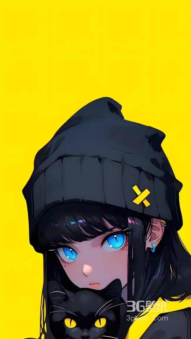 黑帽蓝眼少女抱黑猫·二次元插画风原创高清手机壁纸1
