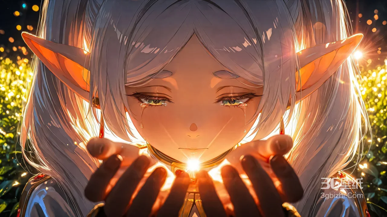 银发精灵少女·捧光垂泪 唯美二次元治愈系宽屏壁纸1