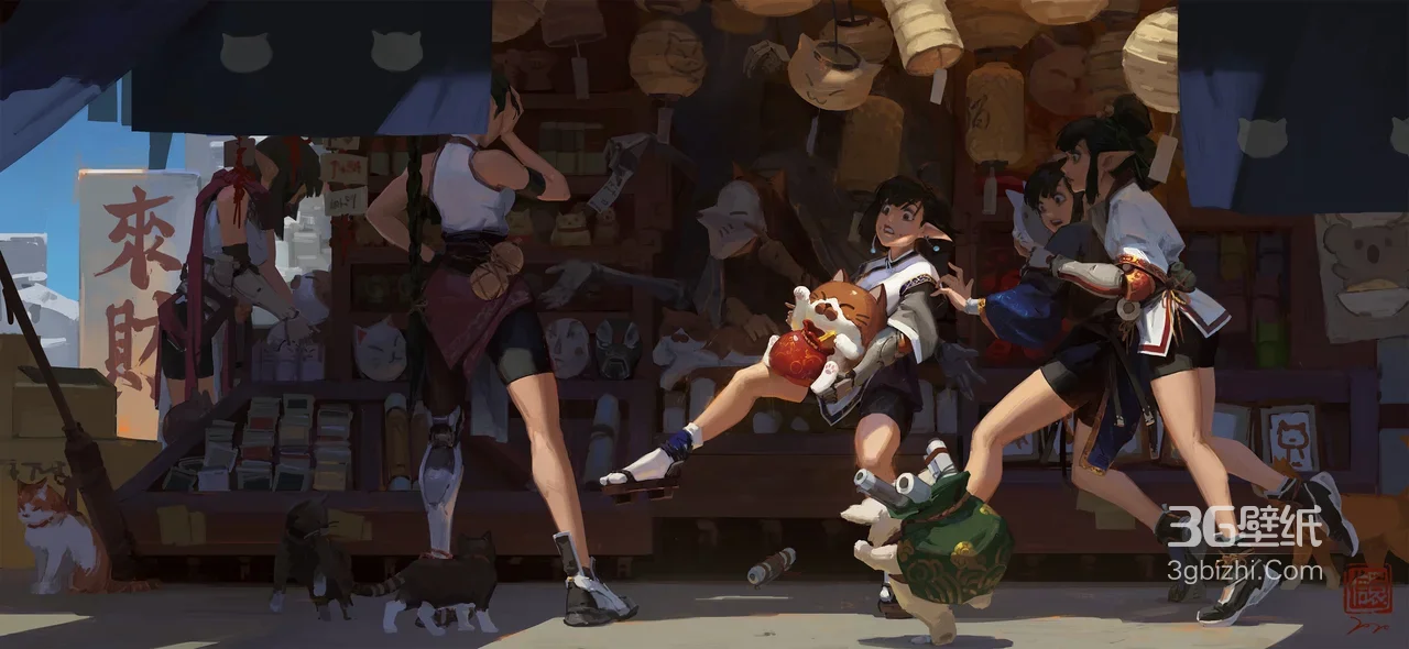 国风日式市集动漫人物宽屏电脑壁纸 招财猫宠物猫桌面1