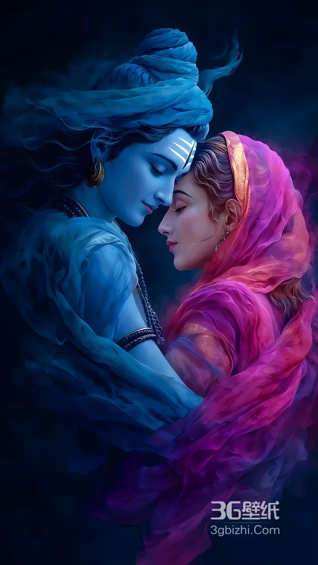 湿婆·蓝色神性相拥伴侣 唯美梦幻印度神话爱情壁纸1
