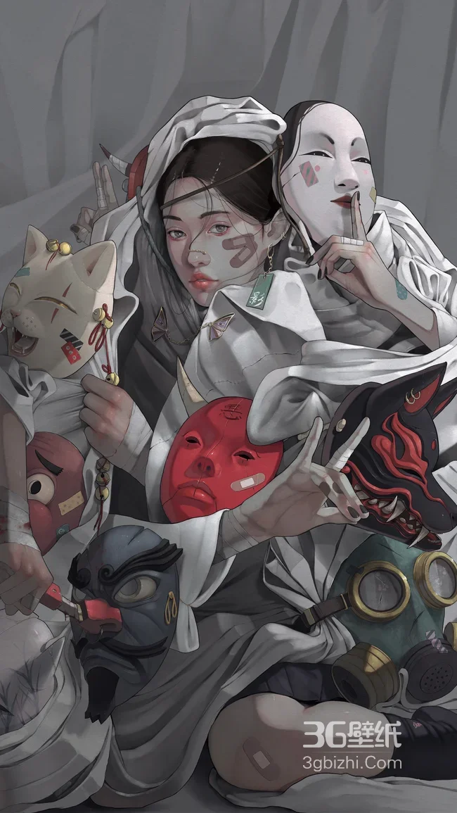 暗黑国风面具少女·和风元素 热门手机壁纸精选1