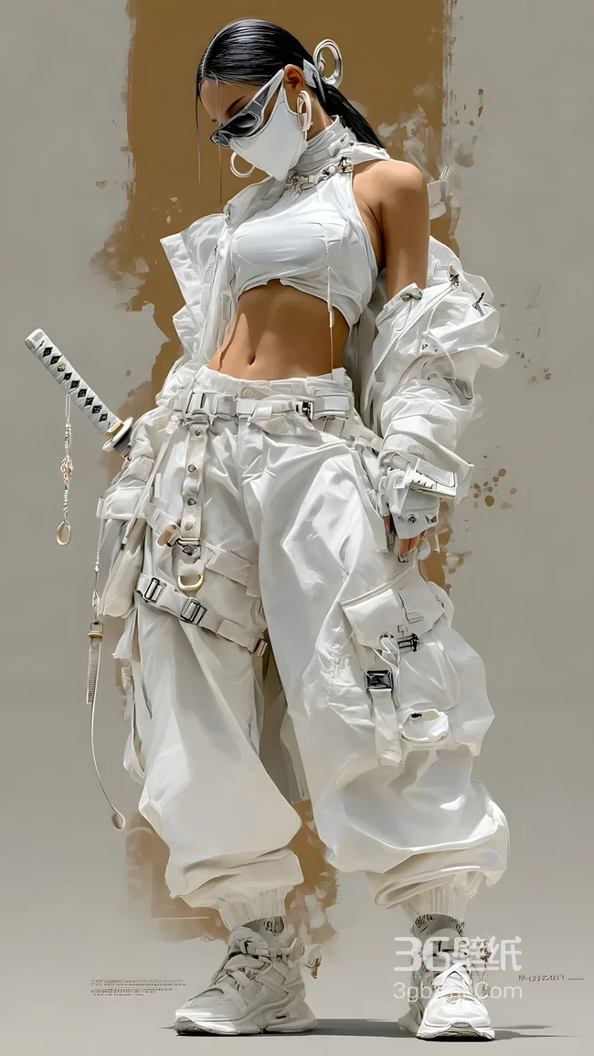 赛博朋克机能风白衣酷飒女·武士刀 原创插画高热度手机壁纸1