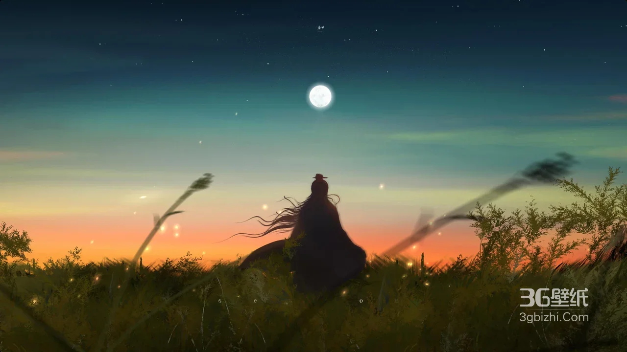 国风古风人物·月夜草野萤火 唯美意境电脑壁纸1