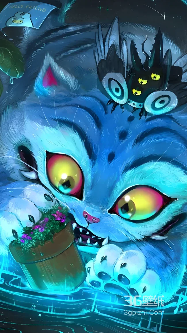暗黑奇幻风蓝猫（衔花盆）·怪异小生物 魔幻宠物手机壁纸1
